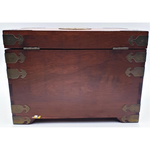 5 - EDWARDIAN CHINESE 35.5 cm x 25.5 x 23 cm STRONG BOX With THREE BRASS DECORATED INNER DRAWERS And SPA... 