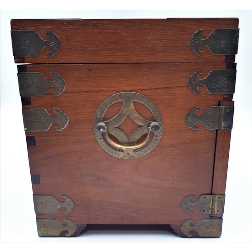 5 - EDWARDIAN CHINESE 35.5 cm x 25.5 x 23 cm STRONG BOX With THREE BRASS DECORATED INNER DRAWERS And SPA... 