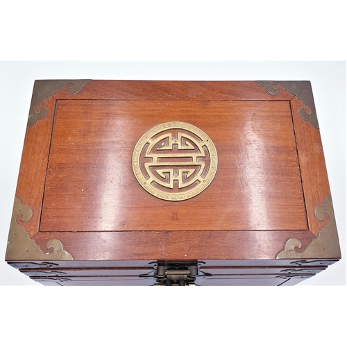 5 - EDWARDIAN CHINESE 35.5 cm x 25.5 x 23 cm STRONG BOX With THREE BRASS DECORATED INNER DRAWERS And SPA... 