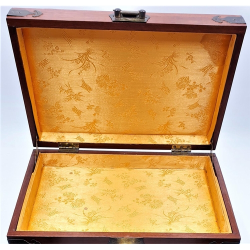 5 - EDWARDIAN CHINESE 35.5 cm x 25.5 x 23 cm STRONG BOX With THREE BRASS DECORATED INNER DRAWERS And SPA... 