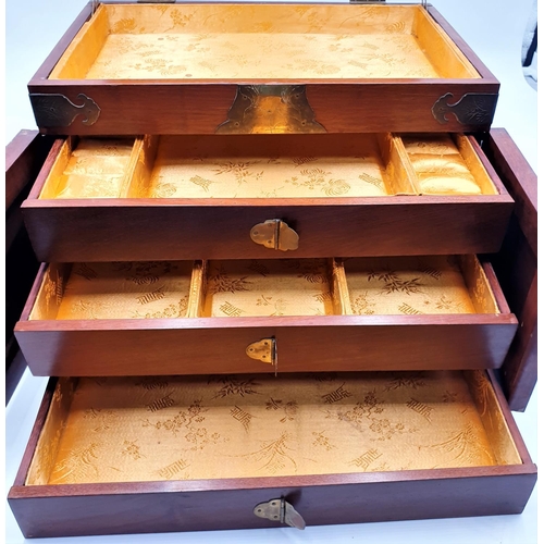 5 - EDWARDIAN CHINESE 35.5 cm x 25.5 x 23 cm STRONG BOX With THREE BRASS DECORATED INNER DRAWERS And SPA... 