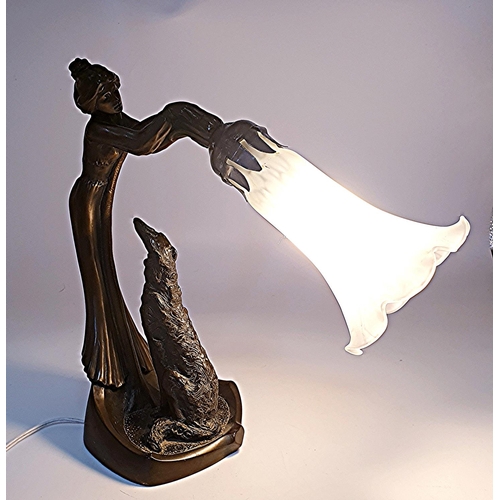 66 - BRONZE 29cm ART DECO LADY With DOG LAMP (Found To Be Working When Photograhed)