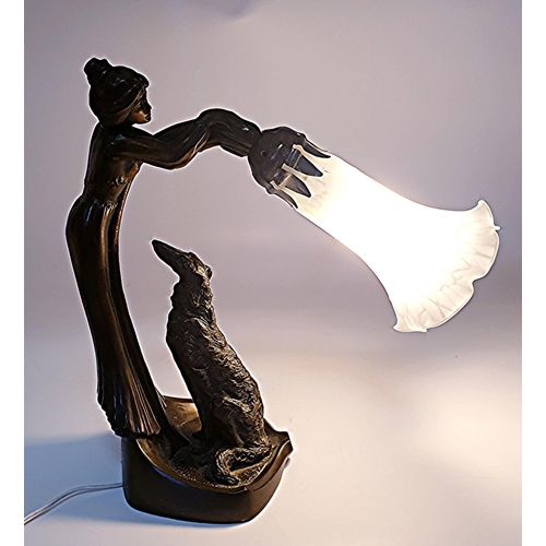 66 - BRONZE 29cm ART DECO LADY With DOG LAMP (Found To Be Working When Photograhed)