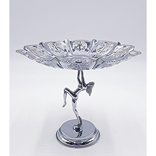 68 - CHROME ART DECO 22cm Dia CAKE STAND/COMPORT SUPPORTED BY A NAKED LADY PEDISTAL MOUNTED ON A 9.5cm Di... 