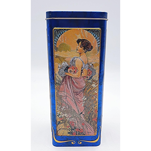 74 - METAL / ENAMEL 21cm BISCUIT TIN With EMBOSSED ART DECO 'FOUR SEASONS' DESIGNS ON EACH SIDE