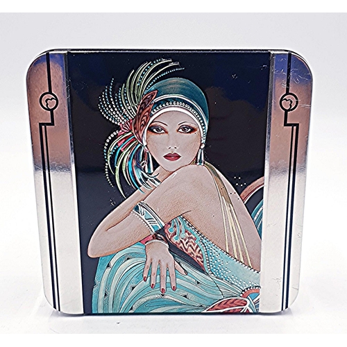 75 - METAL / ENAMEL 15cm x 15cm x 5.5cm  BISCUIT TIN With EMBOSSED ART DECO DESIGNS ON EACH SIDE And LID