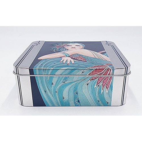 75 - METAL / ENAMEL 15cm x 15cm x 5.5cm  BISCUIT TIN With EMBOSSED ART DECO DESIGNS ON EACH SIDE And LID