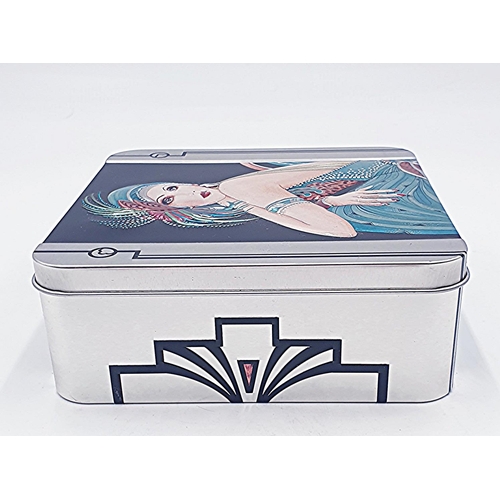 75 - METAL / ENAMEL 15cm x 15cm x 5.5cm  BISCUIT TIN With EMBOSSED ART DECO DESIGNS ON EACH SIDE And LID