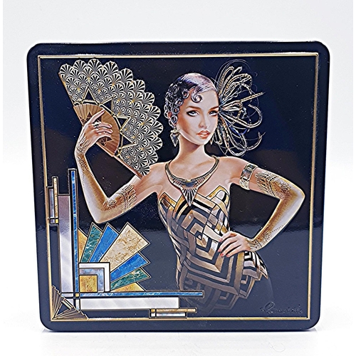 78 - METAL / ENAMEL 20cm x 20cm x 5.5cm  BISCUIT TIN With EMBOSSED ART DECO DESIGNS ON EACH SIDE And LID