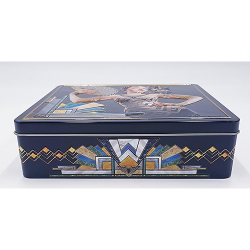 78 - METAL / ENAMEL 20cm x 20cm x 5.5cm  BISCUIT TIN With EMBOSSED ART DECO DESIGNS ON EACH SIDE And LID