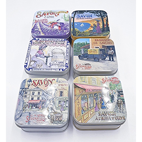 79 - METAL / ENAMEL 7cm x 7cm x 4cm  LA SAVONNERIE DE NYONS SOAP  TINS (6)