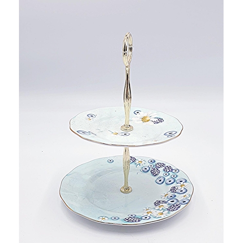 270 - ROYAL ALBERT CHINA TWO TIER CAKE STAND IN THE ALPHA FOODIE (Green/Blue) DESIGN