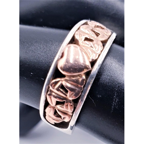 299 - CLOGAU 9ct ROSE WELSH GOLD & SILVER (Hallmarked) CARIAD HEART BAND RING (Size O ,Total Weight 5.5 Gr... 