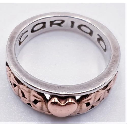 299 - CLOGAU 9ct ROSE WELSH GOLD & SILVER (Hallmarked) CARIAD HEART BAND RING (Size O ,Total Weight 5.5 Gr... 