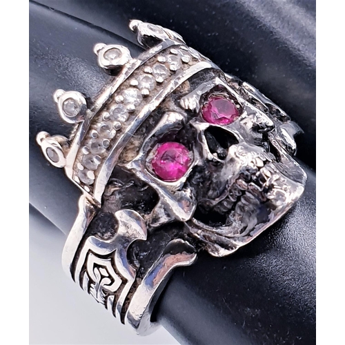 300 - SOLID STERLING SILVER (925) GENTS 'GUARDIAN SKULL' RING Set With RED STONES In EYES & WHITE STONES I... 