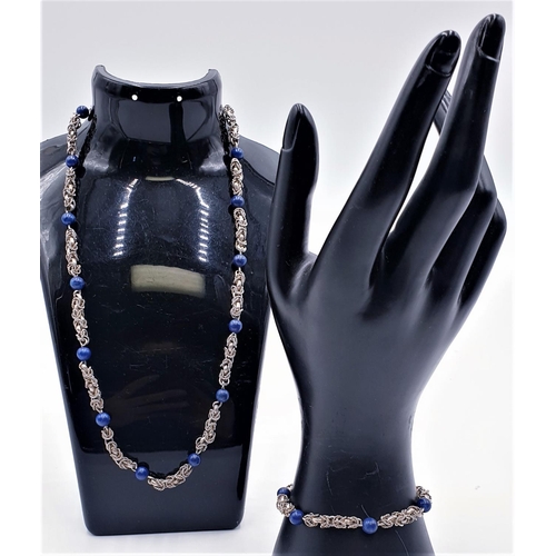 301 - STERLING SILVER & LAPIS LAZULI NECKLACE & MATCHING BRACELET (Xray Tested , Confirmed 925 Sterling Si... 