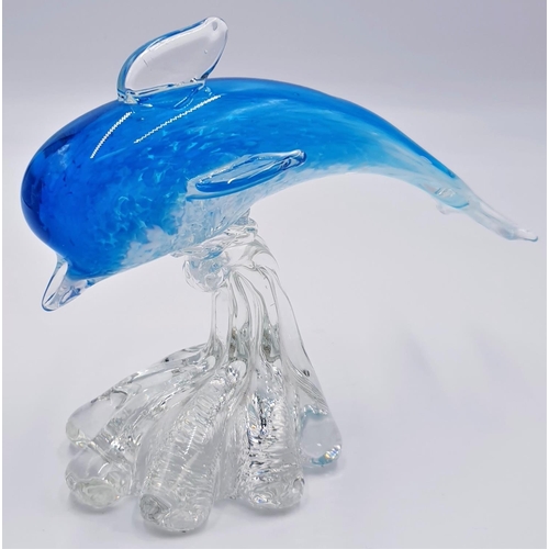 794 - MURANO 21cm x 17cm KINGFISHER BLUE MODEL OF A LEAPING DOLPHIN