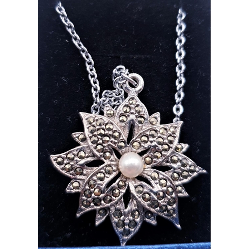 802 - MARCASITE NECKLACE With PEARL  (Boxed)