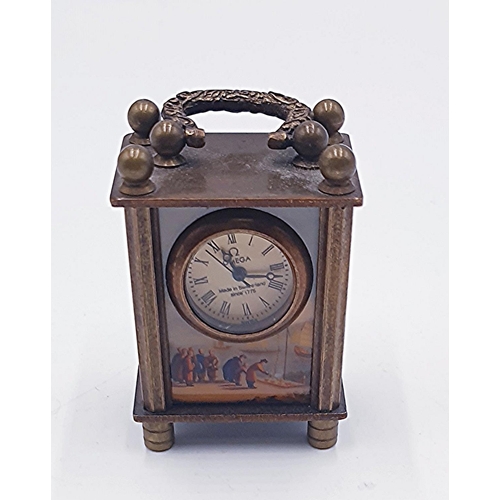10 - METAL CASED Miniature 7cm OMEGA CARRIAGE CLOCK With PAINTED SCENES