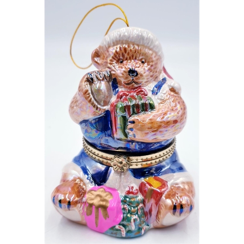 154 - METAL/ENAMELLED 11cm HINGED LIDDED TRINKET / MUIC BOX FASHIONED AS A CHRISTMAS TEDDY BEAR