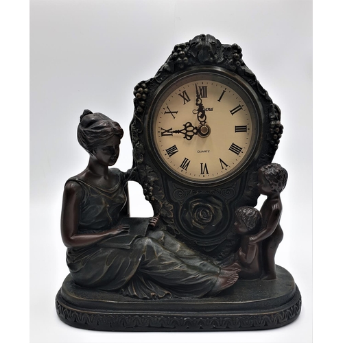 230 - COLD CAST BRONZE 25cm x 24cm x 10.5cm  MANTLE CLOCK DEPICTING A MOTHER READING A BOOK TO HER TWO CHI... 