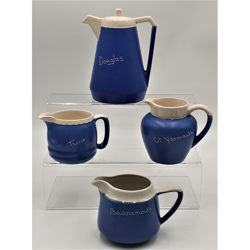 231 - DEVONMOOR BLUE/WHITE CERAMIC COFFEE POT,Plus THREE JUGS