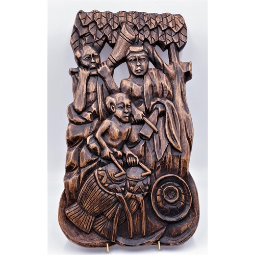 356 - WOODEN CARVED 46 cm x 22 cm ETHNIC WALL HANGING