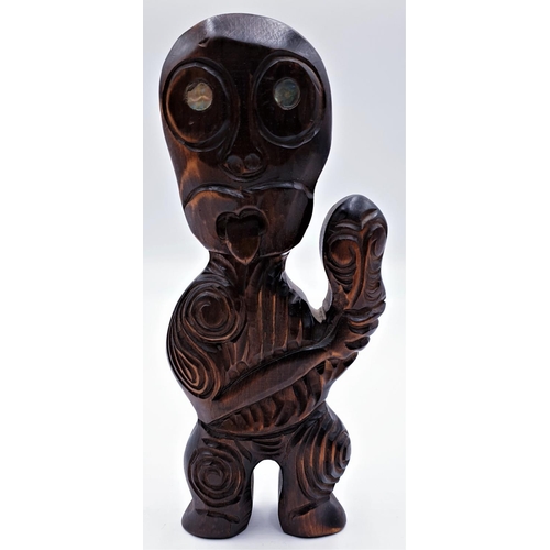 357 - WOODEN CARVED 26cm x 10cm FIGURINE With MOTHER OF PEARL EYES