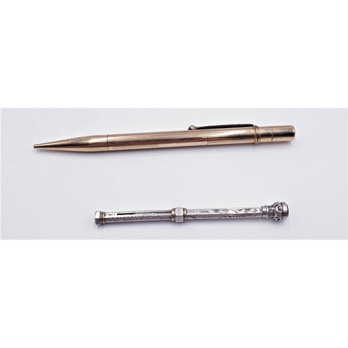 380 - ROLLED GOLD MECHANICAL PENCIL Plus SILVER Or PLATED PROPEL PENCIL With GARNET JEWEL ON TOP