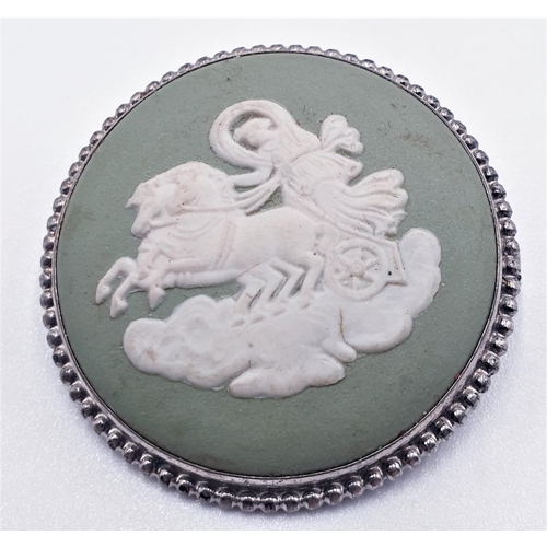 386 - WEDGWOOD SILVER MOUNTED SAGE GREEN JASPER WARE BROOCH