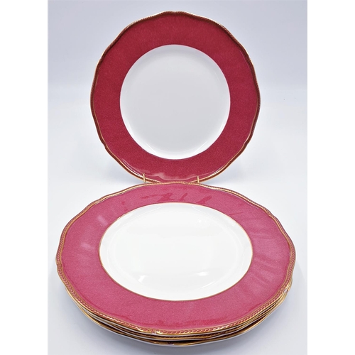 402 - WEDGWOOD CHINA 27.5cm Dia DINNER PLATES (4) IN THE CROWN RUBY DESIGN (Marked 2nds)