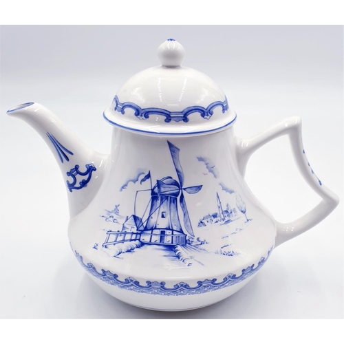 612 - CERAMIC 24cm x 15cm BLUE/WHITE WINDMILL TEAPOT