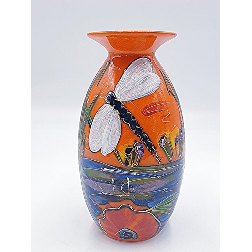 630 - ANITA HARRIS ART POTTERY 21cm MINOS VASE IN THE DRAGONFLY,IRIS & POPPIES DESIGN (Signed In Gold By A... 