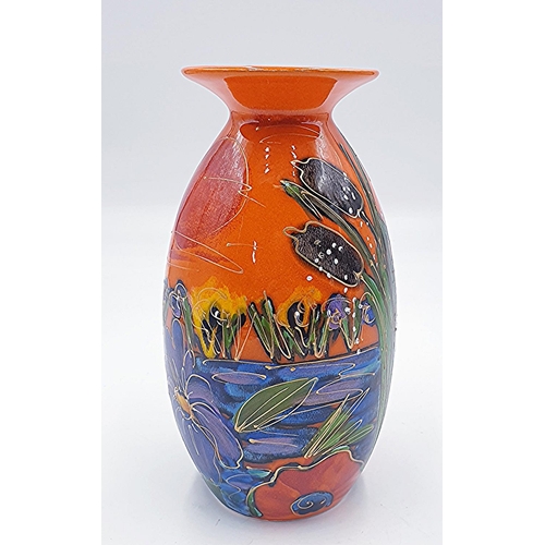 630 - ANITA HARRIS ART POTTERY 21cm MINOS VASE IN THE DRAGONFLY,IRIS & POPPIES DESIGN (Signed In Gold By A... 