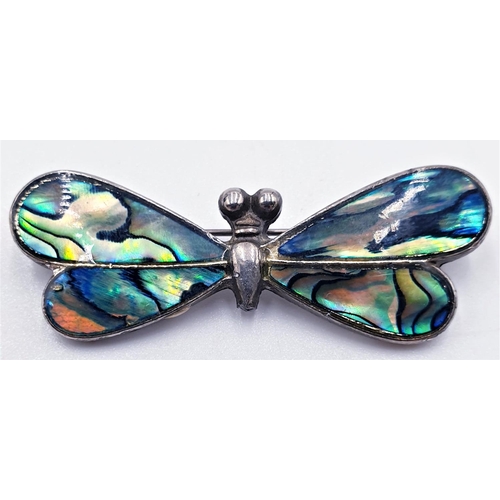 657 - MEXICAN SILVER ? & ABALONE BUTTERFLY BROOCH (At Fault)