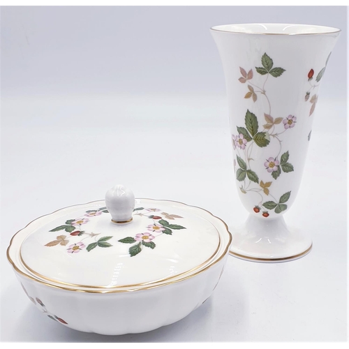 787 - WEDGWOOD CHINA  LIDDED DISH Plus A VASE IN THE WILD STRAWBERRY DESIGN