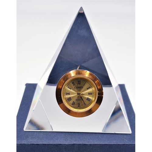 95 - CRYSTAL GLASS 6cm PYRAMID CLOCK  (Boxed)