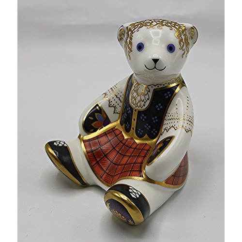 718 - ROYAL CROWN DERBY CHINA PAPERWEIGHT FASHIONED AS SHONA --- THE SCOTTISH TEDDY BEAR   (Gold Stopper)