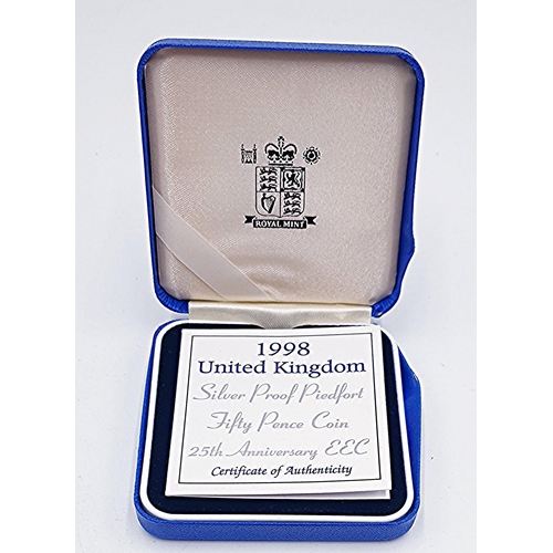 466 - ROYAL MINT SILVER PROOF 1998 PIEDFORT (Double Blank) EEC 25th ANNIVERSARY 50 Pence COIN (Boxed And C... 