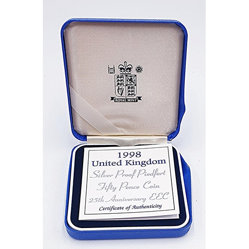 466 - ROYAL MINT SILVER PROOF 1998 PIEDFORT (Double Blank) EEC 25th ANNIVERSARY 50 Pence COIN (Boxed And C... 