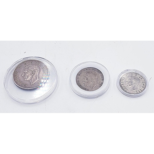 664 - SILVER CONTENT COINS (3) ,1937 CROWN,1929 HALF CROWN And 1945 TWO SILLING PIECE (All In Capsules)