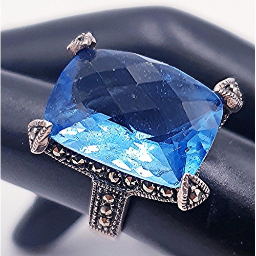 667 - STERLING SILVER (925) Large RECTANGULAR CUSHION CUT BLUE STONE/MARCASITE STONE SET RING (Size M-N , ... 