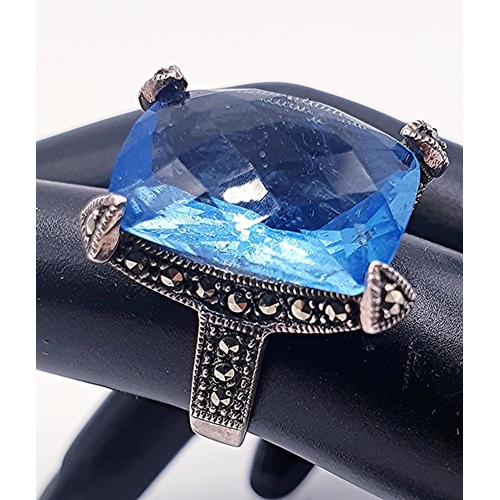 667 - STERLING SILVER (925) Large RECTANGULAR CUSHION CUT BLUE STONE/MARCASITE STONE SET RING (Size M-N , ... 