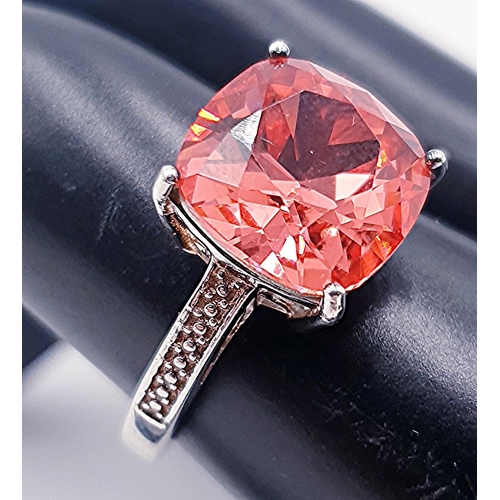 670 - STERLING SILVER (925) /Large RED CUSHION CUT SOLITAIRE STONE RING (Size T-U , Total Weight 4.28 Gram... 