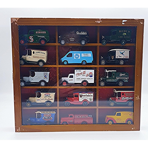 45 - WOODEN 33.5cm x 29.5cm WALL HANGING DISPLAY CABINET CONTAINING 15 Assorted DIE CAST CARS/VANS.
(Plea... 