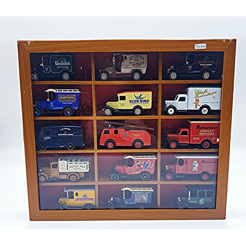 49 - WOODEN 33.5cm x 29.5cm WALL HANGING DISPLAY CABINET CONTAINING 15 Assorted DIE CAST CARS/VANS.
(Plea... 