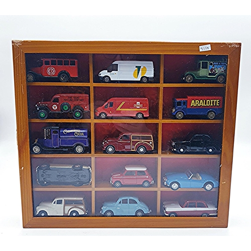 50 - WOODEN 33.5cm x 29.5cm WALL HANGING DISPLAY CABINET CONTAINING 15 Assorted DIE CAST CARS/VANS.
(Plea... 