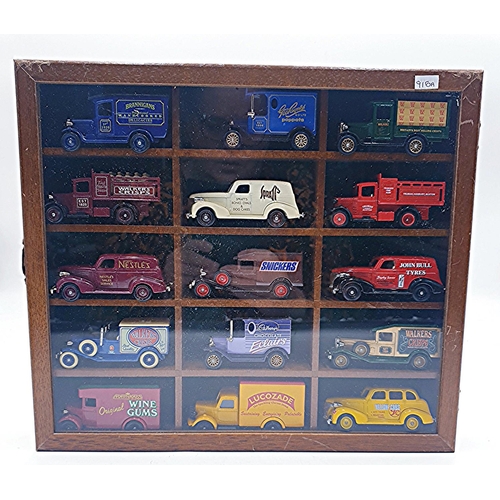 51 - WOODEN 33.5cm x 29.5cm WALL HANGING DISPLAY CABINET CONTAINING 15 Assorted DIE CAST CARS/VANS.
(Plea... 