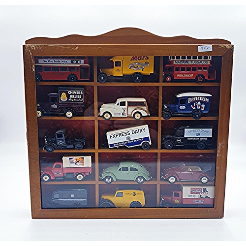 54 - WOODEN 33.5cm x 29.5cm WALL HANGING DISPLAY CABINET CONTAINING 15 Assorted DIE CAST CARS/VANS.
(Plea... 