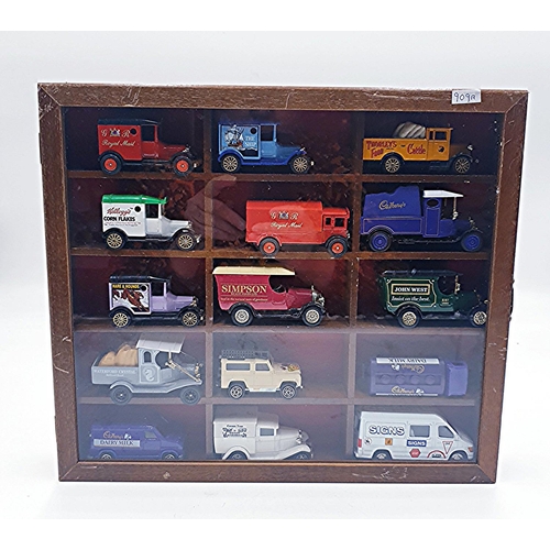 56 - WOODEN 33.5cm x 29.5cm WALL HANGING DISPLAY CABINET CONTAINING 15 Assorted DIE CAST CARS/VANS.
(Plea... 